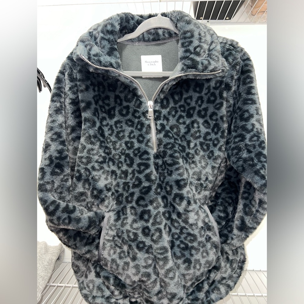 Abercrombie & Fitch Charcoal Gray Leopard Fuzzy Half-Zip Pullover